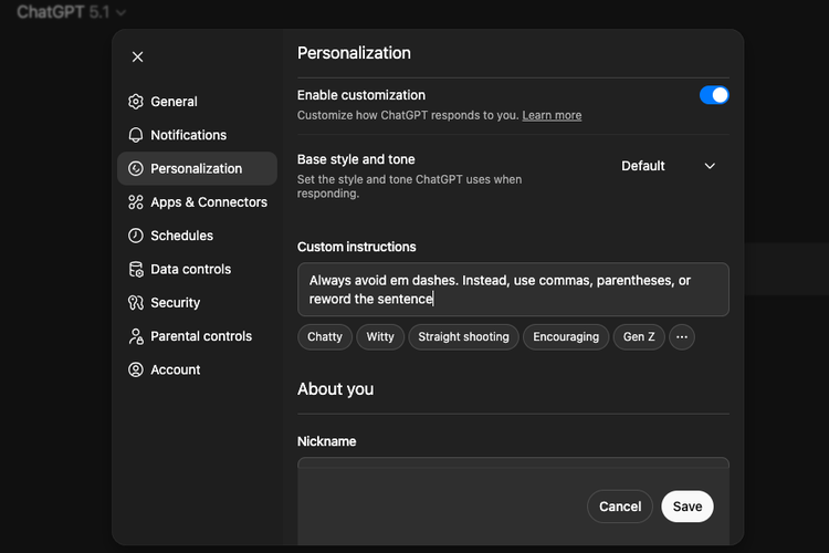 Hilangkan Em Dash dengan Custom Instruction